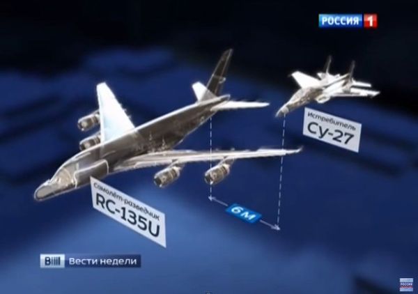 Illustration from the Russian evening news program Vesti regarding the Su-27's maneuvers near the US RU-135U reconnaissance aircraft in the Baltic Sea. Illustration from the Russian evening news program Vesti regarding the Su-27's maneuvers near the US RU-135U reconnaissance aircraft in the Baltic Sea. - Sputnik International