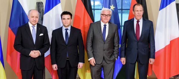 French Foreign Minister Laurent Fabius, Ukrainian Foreign Minister Pavlo Klimkin, German Foreign Minister Frank-Walter Steinmeier and Russian Foreign Minister Sergei Lavrov pose for a group photo in Berlin April 13, 2015. French Foreign Minister Laurent Fabius, Ukrainian Foreign Minister Pavlo Klimkin, German Foreign Minister Frank-Walter Steinmeier and Russian Foreign Minister Sergei Lavrov pose for a group photo in Berlin April 13, 2015. - Sputnik International
