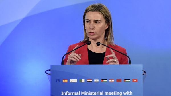 European Union High Representative Federica Mogherini speaks during a press conference in Barcelona on April 13, 2015 - Sputnik International
