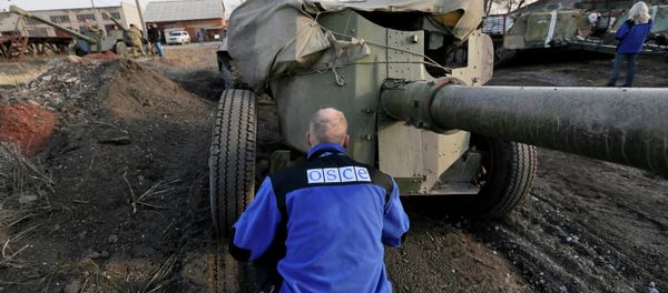 An OSCE monitor inspects a Ukrainian canon in the town of Druzhkivka, east Ukraine - Sputnik International