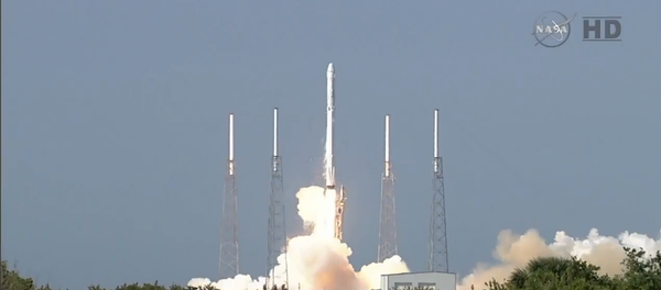 This screenshot shows the SpaceX unmanned Falcon 9 rocket shortly after it was launched from Florida’s Cape Canaveral on Tuesday. This screenshot shows the SpaceX unmanned Falcon 9 rocket shortly after it was launched from Florida’s Cape Canaveral on Tuesday. - Sputnik International