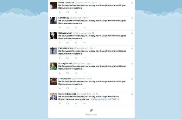 Instead we found a similar series of tweets following an Instagram post which said that there are many flowers at the location of Boris Nemtsov's murder. 23 tweets were made within 15 minutes of the original post. Instead we found a similar series of tweets following an Instagram post which said that there are many flowers at the location of Boris Nemtsov's murder. 23 tweets were made within 15 minutes of the original post. - Sputnik International