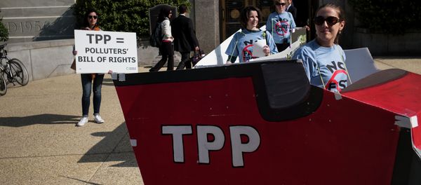 People protesting the TPP look at other protesters, as they rally to advocate for an increase in pay to $15 USD per hour, as part of a Fight for $15 labor effort on Capitol Hill April 22, 2015 in Washington People protesting the TPP look at other protesters, as they rally to advocate for an increase in pay to $15 USD per hour, as part of a Fight for $15 labor effort on Capitol Hill April 22, 2015 in Washington - Sputnik International