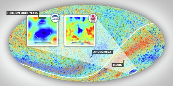Insets show the Cold Spot, a patch of the sky as mapped by researchers using PS1 and WISE data and as observed in the cosmic microwave background temperature data taken by the Planck satellite. - Sputnik International