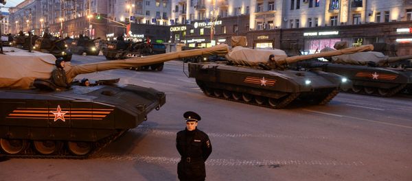 The Armata T-14 tank during the rehearsal of the Victory Day Parade on Moscow's Tverskaya Street The Armata T-14 tank during the rehearsal of the Victory Day Parade on Moscow's Tverskaya Street - Sputnik International