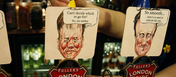 Beer pumps in a Westminster pub are coloured and decorated with the British main political party politicians. Beer pumps in a Westminster pub are coloured and decorated with the British main political party politicians. - Sputnik International