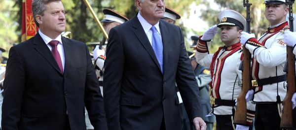 Serbia's President Tomislav Nikolic, center, is welcomed by his Macedonian counterpart Gjorge Ivanov, left, upon his arrival at Macedonia's capital Skopje, on Friday, Oct. 26, 2012 Serbia's President Tomislav Nikolic, center, is welcomed by his Macedonian counterpart Gjorge Ivanov, left, upon his arrival at Macedonia's capital Skopje, on Friday, Oct. 26, 2012 - Sputnik International