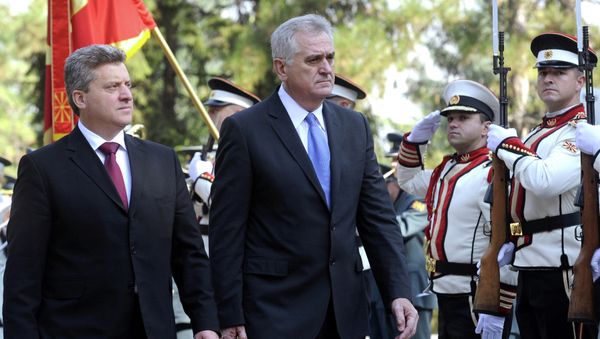 Serbia's President Tomislav Nikolic, center, is welcomed by his Macedonian counterpart Gjorge Ivanov, left, upon his arrival at Macedonia's capital Skopje, on Friday, Oct. 26, 2012 Serbia's President Tomislav Nikolic, center, is welcomed by his Macedonian counterpart Gjorge Ivanov, left, upon his arrival at Macedonia's capital Skopje, on Friday, Oct. 26, 2012 - Sputnik International