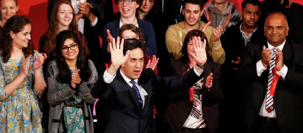 Britain's opposition Labour Party leader Ed Miliband waves at a campaign event in Colne, northern England, Britain, May 6, 2015 Britain's opposition Labour Party leader Ed Miliband waves at a campaign event in Colne, northern England, Britain, May 6, 2015 - Sputnik International
