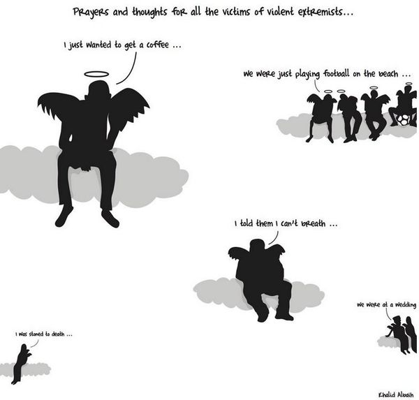 Albaih's cartoon on victims of extremism, from Gaza to New York.  - Sputnik International