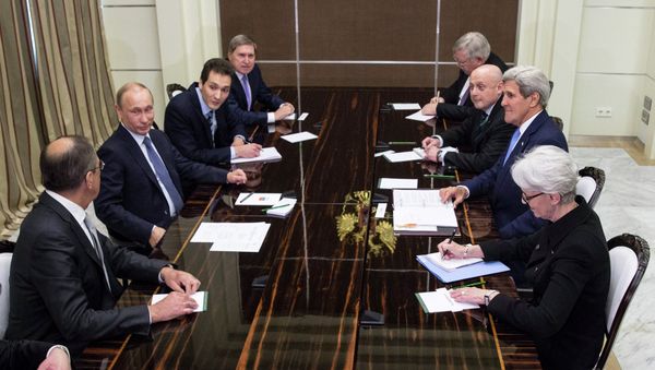 US Secretary of State John Kerry (2nd R) meets with Russia's President Vladimir Putin (2nd L) at the presidential residence Bocharov Ruchey in Sochi US Secretary of State John Kerry (2nd R) meets with Russia's President Vladimir Putin (2nd L) at the presidential residence Bocharov Ruchey in Sochi - Sputnik International