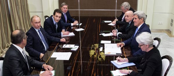 US Secretary of State John Kerry (2nd R) meets with Russia's President Vladimir Putin (2nd L) at the presidential residence Bocharov Ruchey in Sochi US Secretary of State John Kerry (2nd R) meets with Russia's President Vladimir Putin (2nd L) at the presidential residence Bocharov Ruchey in Sochi - Sputnik International
