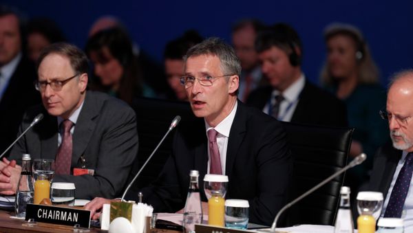 Secretary General of NATO, Jens Stoltenberg, center, makes the opening remarks on a session during the NATO Foreign Ministers conference in Antalya Secretary General of NATO, Jens Stoltenberg, center, makes the opening remarks on a session during the NATO Foreign Ministers conference in Antalya - Sputnik International