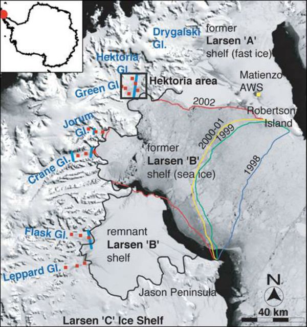 The collapse of Larsen B, showing the diminishing extent of the shelf from 1998 to 2002. - Sputnik International