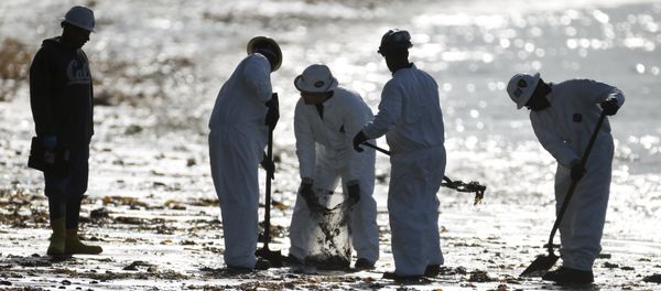 Workers clean up an oil slick along the coast of Refugio State Beach in Goleta, California, United States Workers clean up an oil slick along the coast of Refugio State Beach in Goleta, California, United States - Sputnik International