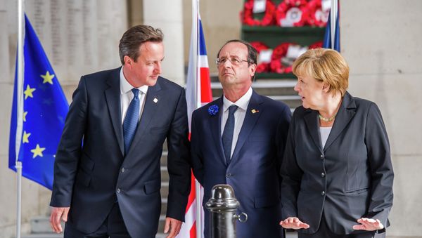 From left, British Prime Minister David Cameron, French President Francois Hollande and German Chancellor Angela Merkel From left, British Prime Minister David Cameron, French President Francois Hollande and German Chancellor Angela Merkel - Sputnik International