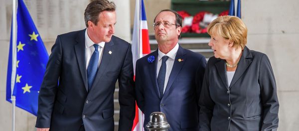 From left, British Prime Minister David Cameron, French President Francois Hollande and German Chancellor Angela Merkel From left, British Prime Minister David Cameron, French President Francois Hollande and German Chancellor Angela Merkel - Sputnik International