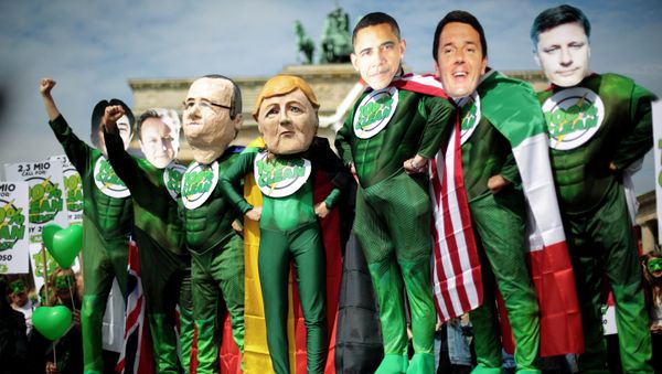 Activists in costumes and with masks of the G7 leaders Activists in costumes and with masks of the G7 leaders - Sputnik International