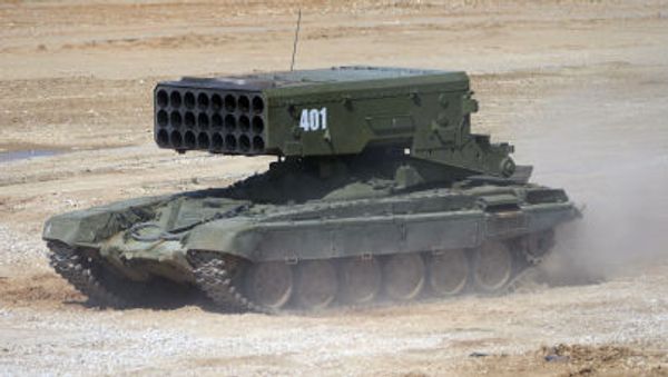 TOS-1 Solntsepek multiple rocket launcher during equipment demonstration at the International Military-Technical Forum “ARMY-2015” in Moscow region - Sputnik International