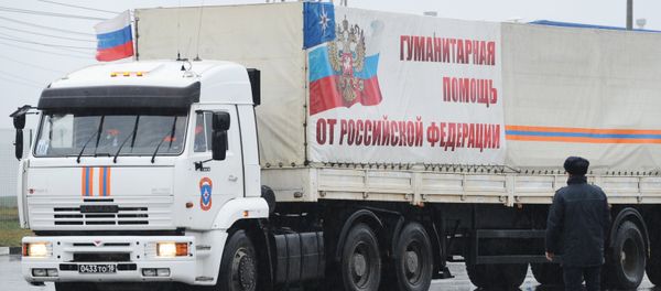 One of the trucks of the 23rd humanitarian aid convoy for Donbas at the Matveyev Kurgan border checkpoint in the Rostov Region One of the trucks of the 23rd humanitarian aid convoy for Donbas at the Matveyev Kurgan border checkpoint in the Rostov Region - Sputnik International