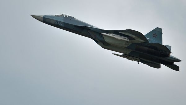 A T-50 airplane during demo flights at the Russian stage of the Aviadarts-2015 Flight Skills Competition in Voronezh A T-50 airplane during demo flights at the Russian stage of the Aviadarts-2015 Flight Skills Competition in Voronezh - Sputnik International