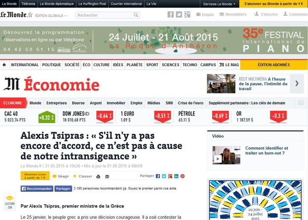Greece's Prime Minister has published a barbed article in the French newspaper Le Monde Greece's Prime Minister has published a barbed article in the French newspaper Le Monde - Sputnik International