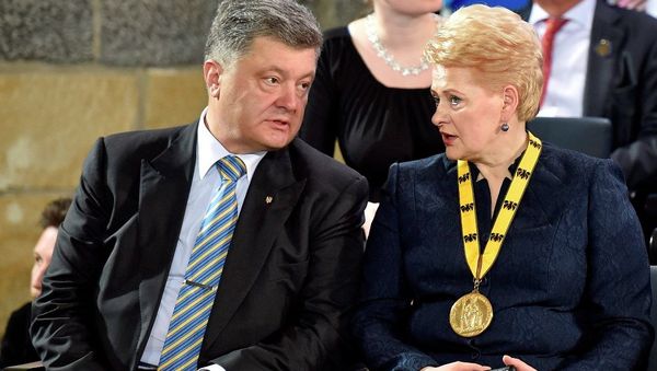 President Petro Poroshenko of Ukraine, left, talks to president Dalia Grybauskaite of Lithuania President Petro Poroshenko of Ukraine, left, talks to president Dalia Grybauskaite of Lithuania - Sputnik International