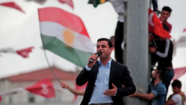 Selahattin Demirtas, co-chair of the pro-Kurdish Peoples' Democratic Party (HDP), delivers a speech from the top of his election campaign bus at a rally in Istanbul, Turkey, Saturday, June 6, 2015. - Sputnik International