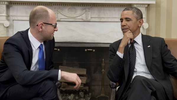 US President Barack Obama and Ukrainian Prime Minister Arseniy Yatsenyuk speak during meetings in the Oval Office of the White House in Washington, DC, March 12, 2014 US President Barack Obama and Ukrainian Prime Minister Arseniy Yatsenyuk speak during meetings in the Oval Office of the White House in Washington, DC, March 12, 2014 - Sputnik International
