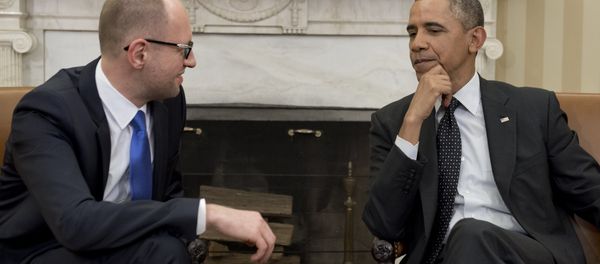 US President Barack Obama and Ukrainian Prime Minister Arseniy Yatsenyuk speak during meetings in the Oval Office of the White House in Washington, DC, March 12, 2014 - Sputnik International
