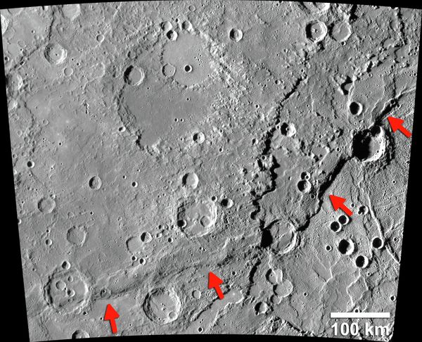 The Enterprise Rupes on Mercury (identified by arrows) is the largest lobate fault scarp on Mercury at 621 miles long and 1.8 miles high. - Sputnik International