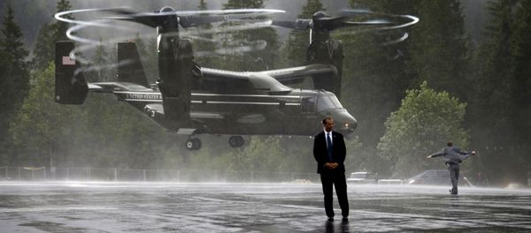 US Marine Osprey sends up a big wash of rain as as it lands near the Bavarian town of Kruen, Germany, June 8, 2015. The Ospreys provided transport to Air Force One in Munich for members of U.S. President Barack Obama's staff, Secret Service, White House Press Corps and other personnel at the conclusion of the G7 Summit US Marine Osprey sends up a big wash of rain as as it lands near the Bavarian town of Kruen, Germany, June 8, 2015. The Ospreys provided transport to Air Force One in Munich for members of U.S. President Barack Obama's staff, Secret Service, White House Press Corps and other personnel at the conclusion of the G7 Summit - Sputnik International