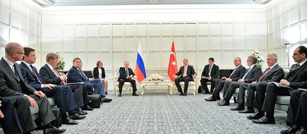 June 13, 2015. Center, from left: Russian President Vladimir Putin and President of Turkey Recep Tayyip Erdogan during a meeting at Four Seasons Hotel Baku, in Baku, Azerbaijan. June 13, 2015. Center, from left: Russian President Vladimir Putin and President of Turkey Recep Tayyip Erdogan during a meeting at Four Seasons Hotel Baku, in Baku, Azerbaijan. - Sputnik International