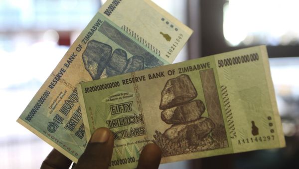 A man holds up for a picture a one hundred and an a fifty trillion Zimbabwean dollars notes inside a shop in Harare, Zimbawe, June 12, 2015 A man holds up for a picture a one hundred and an a fifty trillion Zimbabwean dollars notes inside a shop in Harare, Zimbawe, June 12, 2015 - Sputnik International