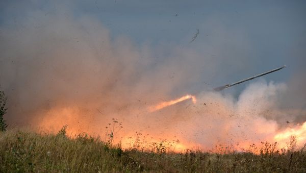 Uragan rocket system launch during an exercise in missile strike and artillery fire control at the Chebarkul firing range of the Central Military District in the Chelyabinsk Region - Sputnik International