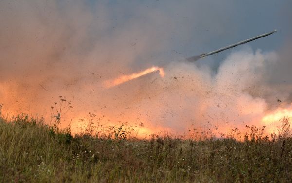 Uragan rocket system launch during an exercise in missile strike and artillery fire control at the Chebarkul firing range of the Central Military District in the Chelyabinsk Region - Sputnik International