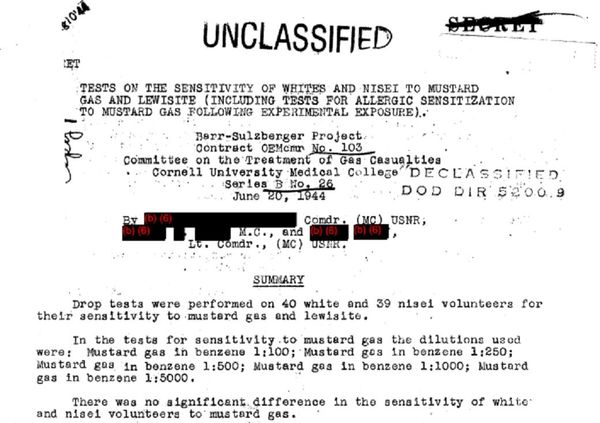 One of the documents obtained through FOIA by NPR described a study carried out in the Spring of 1944 which sought to determine whether mustard gas had a different effect on enlisted men of Japanese ancestry - nisei - but which found no significant difference. - Sputnik International