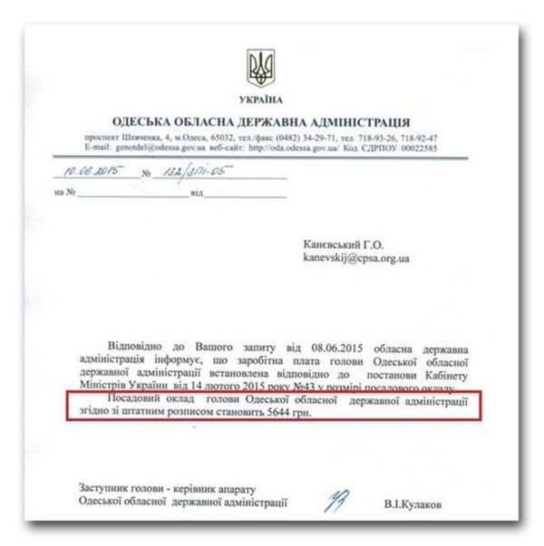 A certificate of the apparatus of the Odessa regional administration revealing what Saakashvili is getting now at his current post  - Sputnik International