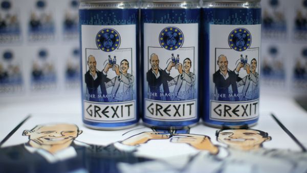 Bottles and cans of vodka lemon Grexit are displayed on June 23, 2015 in Hamm, western Germany Bottles and cans of vodka lemon Grexit are displayed on June 23, 2015 in Hamm, western Germany - Sputnik International