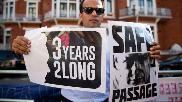 A supporter of Wikileaks founder Julian Assange holds banners outside the Ecuadorian embassy in London as he marks three years since Assange claimed asylum in the embassy on June 19, 2015 A supporter of Wikileaks founder Julian Assange holds banners outside the Ecuadorian embassy in London as he marks three years since Assange claimed asylum in the embassy on June 19, 2015 - Sputnik International