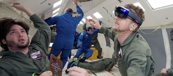 NASA and Microsoft engineers test Project Sidekick on NASA’s Weightless Wonder C9 jet. Project Sidekick will use Microsoft HoloLens to provide virtual aid to astronauts working on the International Space Station. - Sputnik International
