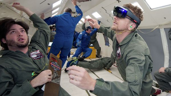NASA and Microsoft engineers test Project Sidekick on NASA’s Weightless Wonder C9 jet. Project Sidekick will use Microsoft HoloLens to provide virtual aid to astronauts working on the International Space Station. - Sputnik International