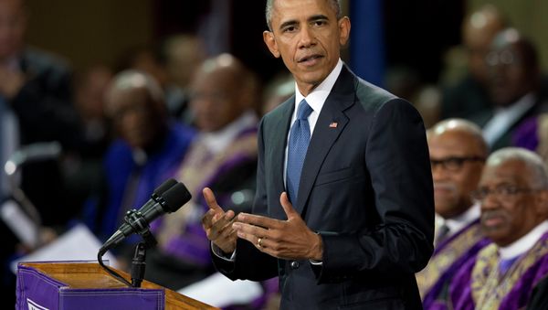 President Barack Obama speaks during services honoring the life of Reverend Clementa Pinckney, Friday, June 26, 2015, at the College of Charleston TD Arena in Charleston, S.C. Pinckney was one of the nine people killed in the shooting at Emanuel AME Church last week in Charleston. President Barack Obama speaks during services honoring the life of Reverend Clementa Pinckney, Friday, June 26, 2015, at the College of Charleston TD Arena in Charleston, S.C. Pinckney was one of the nine people killed in the shooting at Emanuel AME Church last week in Charleston. - Sputnik International