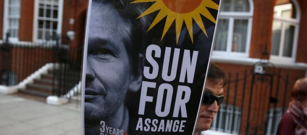 A supporter of Wikileaks founder Julian Assange holds a placard during a gathering outside the Ecuador embassy in London, Britain June 19, 2015 - Sputnik International
