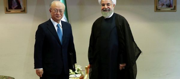 Iran's President Hassan Rouhani, right, welcomes the International Atomic Energy Agency's director-general, Yukiya Amano, as they pose for photos at the start of their meeting in Tehran, Iran, Thursday, July 2, 2015 - Sputnik International