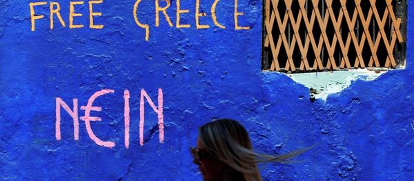 A tourist passes a graffiti in the Plaka tourist district of Athens, Greece A tourist passes a graffiti in the Plaka tourist district of Athens, Greece - Sputnik International
