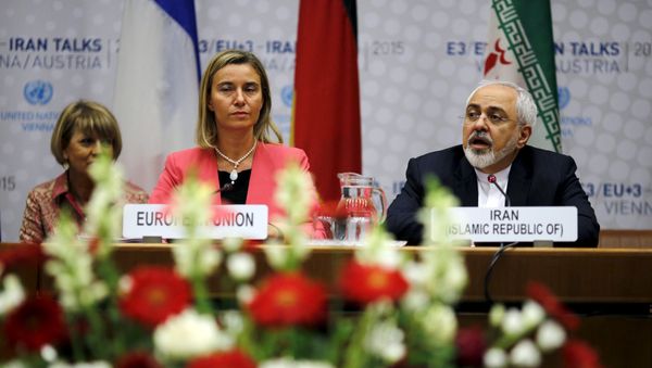 Iranian Foreign Minister Mohammad Javad Zarif speaks next to European Union High Representative for Foreign Affairs and Security Policy Federica Mogherini (L) during a plenary session at the United Nations building in Vienna, Austria July 14, 2015 Iranian Foreign Minister Mohammad Javad Zarif speaks next to European Union High Representative for Foreign Affairs and Security Policy Federica Mogherini (L) during a plenary session at the United Nations building in Vienna, Austria July 14, 2015 - Sputnik International