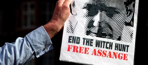 A supporter of Wikileaks founder Julian Assange holds a banner outside the Ecuadorian embassy in London. - Sputnik International