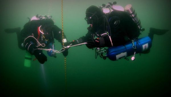 Members of the Russian Geographical Society's underwater scientific research crew conduct a descent in the Arctic. - Sputnik International