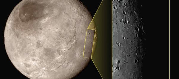 This photo shows Pluto's largest moon Charon, left, with a captivating feature, a depression with a peak in the middle, shown in the upper left corner of the inset image at right. This photo shows Pluto's largest moon Charon, left, with a captivating feature, a depression with a peak in the middle, shown in the upper left corner of the inset image at right. - Sputnik International